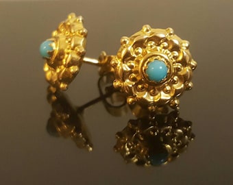 Victorian 9K Yellow Gold Turquoise Flower Stud Earrings