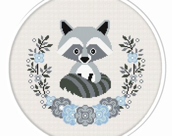 Buy 2 get 1 free. Raccoon cross stitch pattern. (#P- 1281). Baby Raccoon Cross Stitch, Nursery Cross Stitch, Animal cross stitch pattern.