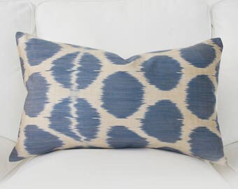 All Size Handwoven Silk Organic Modern ikat pillows, Blue Ikat Pillow Cover - Ikat Throw Pillow - Ivory Blue Pillows - Uzbek Ikat Pillows