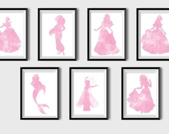 Set of 7 Princess prints Disney princess Snow White Aurora Ariel Jasmine Belle Elsa Cinderella Nursery pink watercolor Disney print Girl