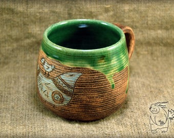 Huge ceramic mug with Bird 500 mL/17 fl oz., large mug, pottery cup, Gift teacup, wheel thrown mug, warming gift, handmade teacup