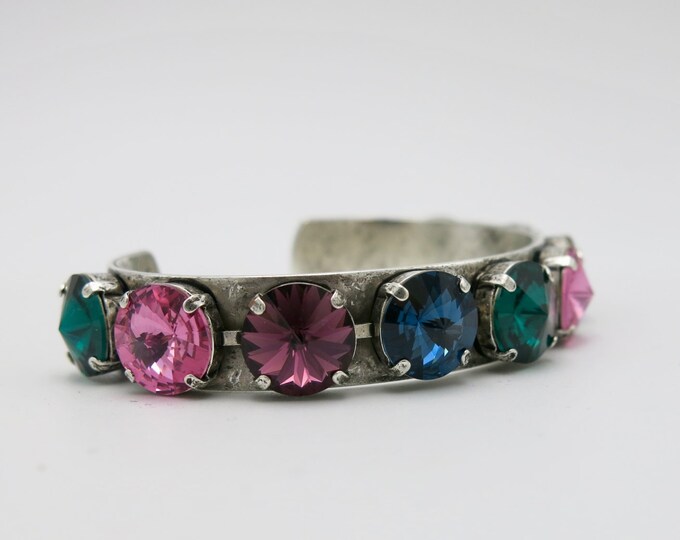 Swarovski crystal Rivoli multi colored eye catching gem tone crystals, prong set open bangle cuff bracelet in antique silver
