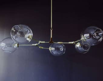Modern Chandelier, Branching Bubble Style, 5 light gold and clear glass, midcentury