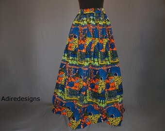 African print skirt, Ankara long skirt, Wax print, floor length, high waist skirt, maxi tribal, Bohemian, Blue, Orange, Plus size, Patch