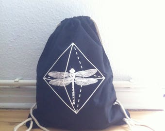 drawstring backpack - dragonfly - gym bag - Cotton string bag - drawstring bag - cotton gym bag - screen printed gym bag - Black gym bag
