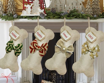 Personalized Dog Bone Christmas Stockings, Burlap Christmas Stocking, Customized Christmas Stocking