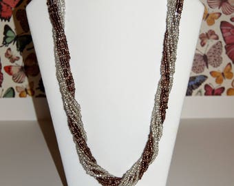 Silver & Brown Seed Bead Necklace - Multi-strand - Torsade