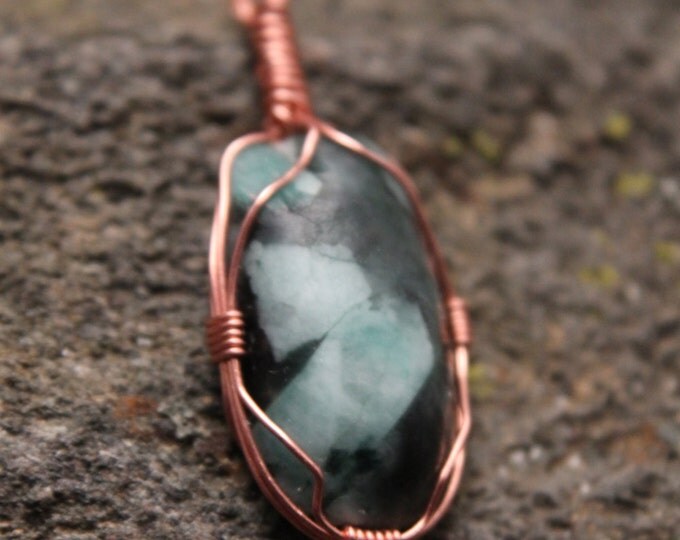 Brazilian Emerald Cabochon Pendant w/ Raw Crystal on Corner, Copper Emerald Wire Wrap, May Birthstone, Gemstone Mineral Specimen Treasure