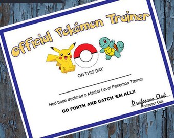 pokemon, pokemon certificate, Pokémon Trainer Certificate,Pokémon Party Favors,Pokémon Birthday,Pokémon go, pokemon party supplies, Pikachu