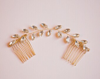 Bridal hair comb, Gold hair vine, Crystal leaf hair Vine, Leaf Hair Vine, Gold leaf hair vine, Gold hair comb, RosyroseStudio