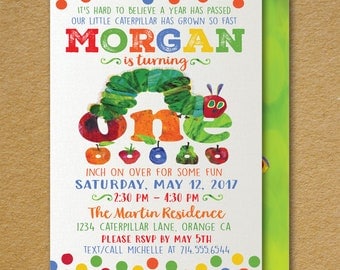 Vintage Very Hungry Little Caterpillar 1st Birthday Invitations, Hungry Caterpillar Theme Birthday, Caterpillar 1st Birthday Design, DI-396