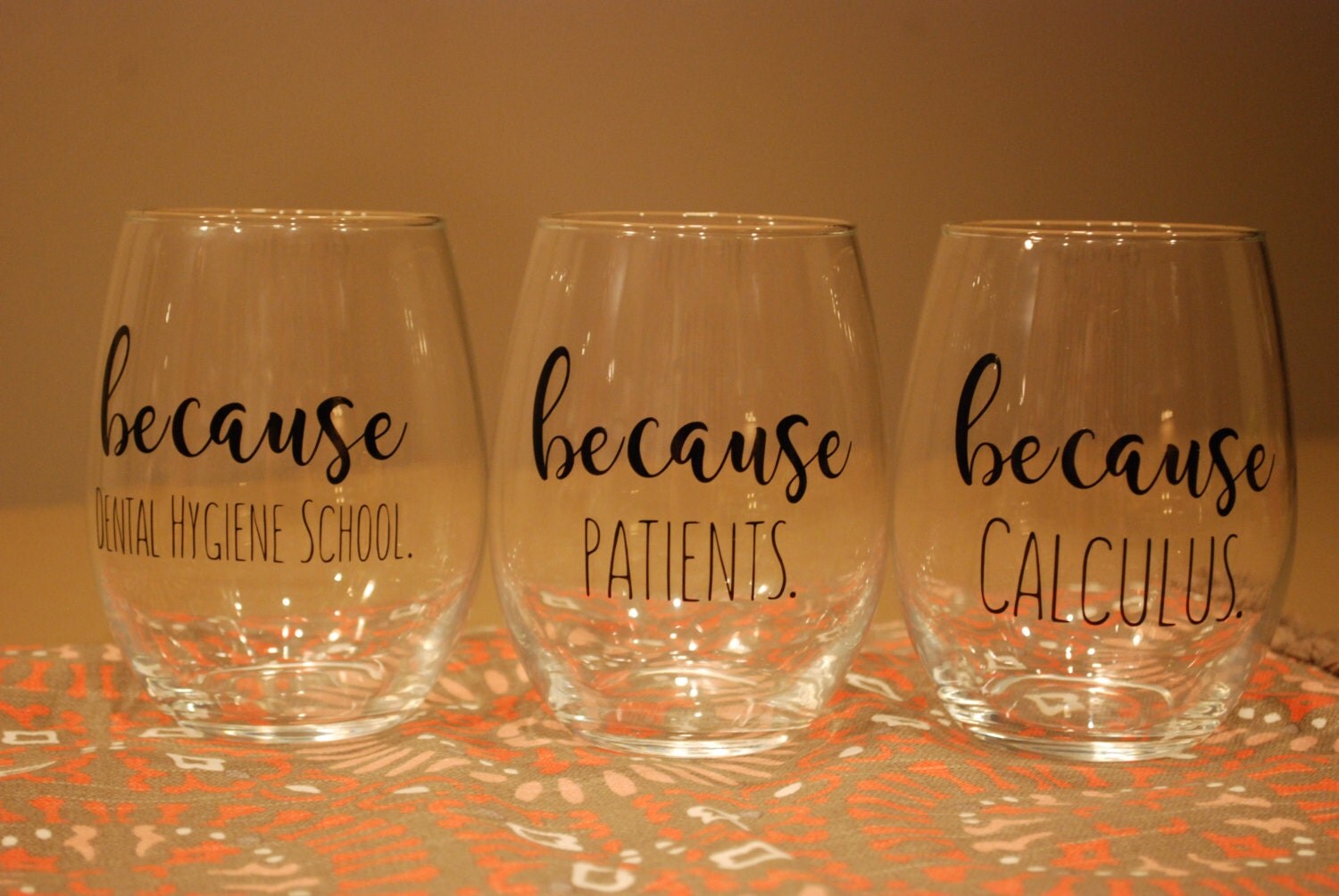 Set of 3 Dental Hygiene Stemless Wine Glasses Glass for