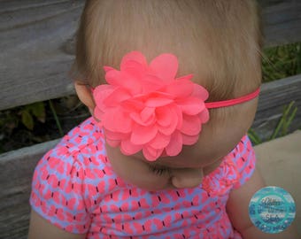 Neon Pink Headband, Baby Headband, Skinny Elastic Headband, Newborn Headband, Chiffon Flower Headband, Baby Hair Bows