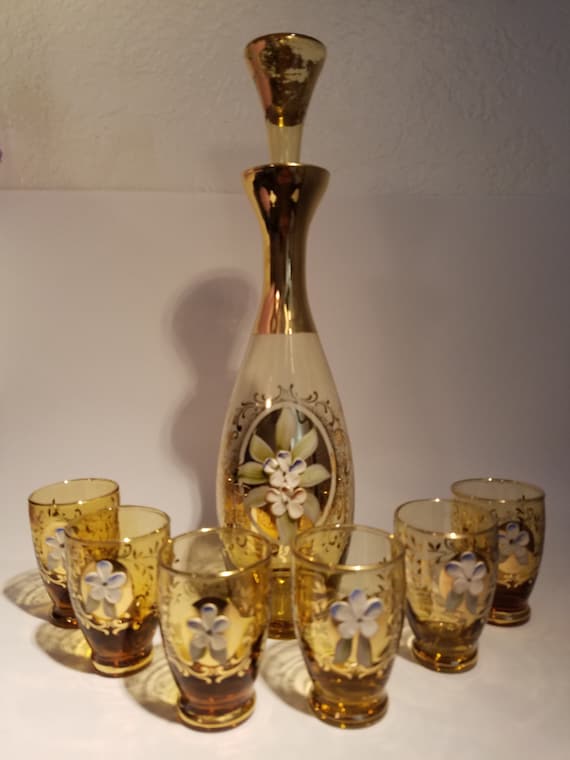 Vintage Bohemian Amber Glass Cordial Set - Serving 6