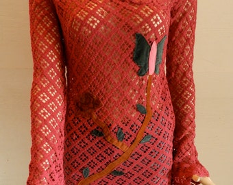 Vintage Catch A Fire Crochet cotton Tunic with Bell Sleeves