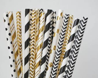 Gold and Black Party Straws, Gold & Black Straws, Bachelorette Party Decorations, Hollywood Party Decor, New Years Eve Decor, 25 Pcs