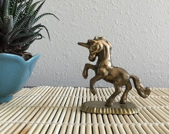 Vintage Brass Unicorn Figurine, Small Golden Unicorn Statue, Solid Brass Horse Unicorn Home Decor 3" tall