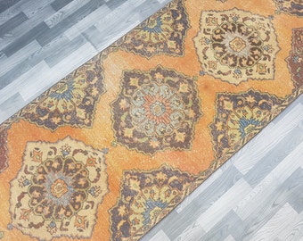 3x11-- Vintage Oushak Runner Rug- five faded center medallions,Antique Decorative Turkish Rug,Muted Colors,Turkish Low Pile Carpet,97x339 cm