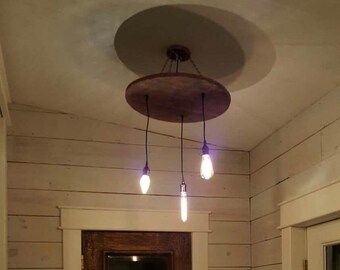 Vintage Chandelier Light Fixture (Round Wood With Hanging Bulbs)