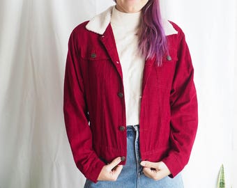 red corduroy denim vintage jacket with faux shearling collar