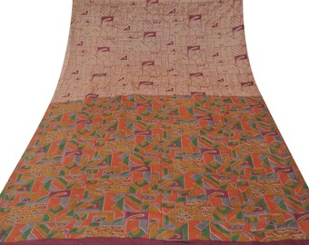 Antique Vintage Indian Saree Pure Silk Printed Peach Decorative Fabric Craft Sarong Used Sari 5 YD VPS41099
