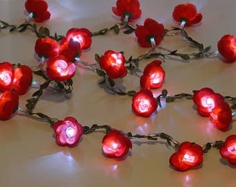 Fairy Lights ; Red flowers; string lights; garland; LED Battery operated
