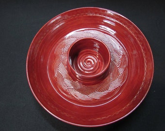 Pottery Chip and Dip Bowl/Hand Made/Wheel Thrown/Red/Serving Piece/Signed and Stamped