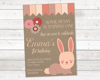 Girl Bunny Birthday Invitation, Bunny Birthday Invitation, Pink Birthday Invitation, Burlap, One Year Old, Printable, Personalized