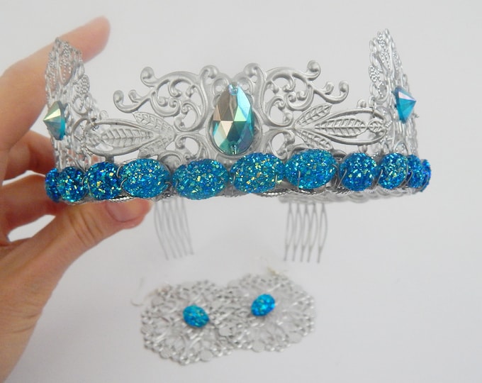 Princess crown adult, princess rhinestone tiara crown, medieval tiara, filigree silver blue crown, wedding headpiece headband headdress