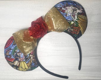 Beauty and the Beast Stained Glass Disney Ears with Glitter Rose