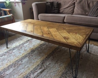 Reclaimed Wood Coffee Table with Herringbone Design & Hairpin Legs