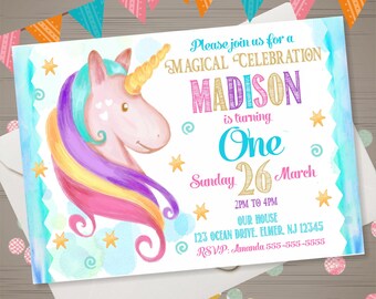 Unicorn Birthday Invitation Watercolor Unicorn Invitation Magical Birthday Party Rainbow Unicorn Party Unicorn Invite Fairytale 1st Birthday