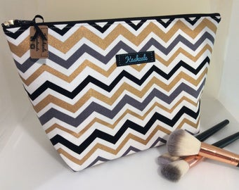 Large Deep Cosmetic Bag, Make up Bag, Toiletry Bag, Travel Bag, Large Makeup Bag, Made in Australia, Black, Gold, Grey and White Chevron.