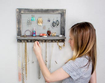Rustic Jewelry Holder with Rods - Organizer for Necklaces / Bracelets / Earrings / Accessories
