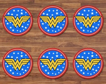 Wonder Woman Cupcake Toppers - Wonder Woman Stickers - Blue & Red Logo - Wonder Woman Birthday - Wonder Woman 2 inch Round Stickers