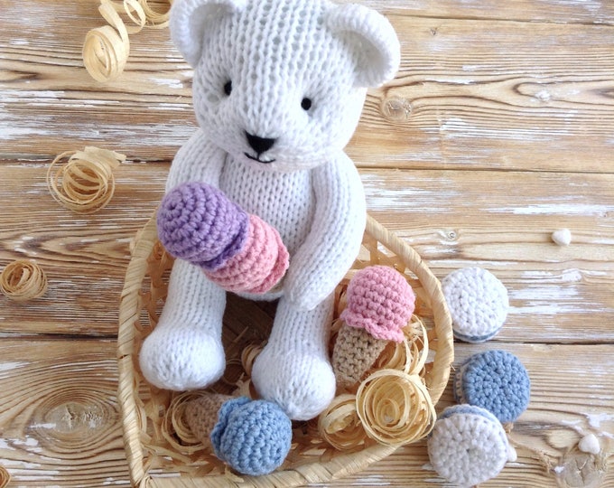 Knitted Teddy Bear, stuffed animals, hand knit toys, newborn photo prop, first toy, white bear, softies, soft plush toy, baby gift