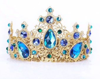 Royal blue crown, blue dolce crown, blue medieval crown, blue baroque crown, blue tiara, blue wedding accessories, blue gold crown, bride
