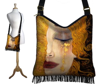 Boho Bag Hippie Fringe Purse Bohemian Crossbody Bag Fabric Handbags Gustav Klimt Freya's Tears Art Nouveau Woman Goddess Gold Red Black RTS