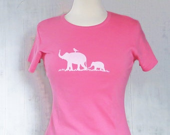 Womens Organic Cotton T Shirt - Womens Graphic Tee - Pink Crew Neck Tee Shirt - Elephant Design Screen Printed Shirt