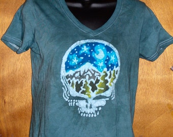 Grateful Dead Steal Your face Mountain Moon Handmade Batik Women's T-Shirt