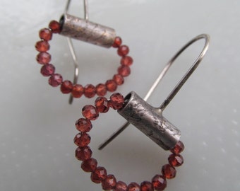 GARNET Hoop Earrings Silver Dangling Earrings Wine Red Gemstone Hoops Rustic Dangle Earrings Rustic Silver Jewelry Small Hoop Earring Silver