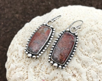 Red Crazy Lace Agate Stone Earrings, Sterling Silver Dangle Earrings, Artisan Metalwork Bezel Set Boho Chic Silversmith Drop Earrings