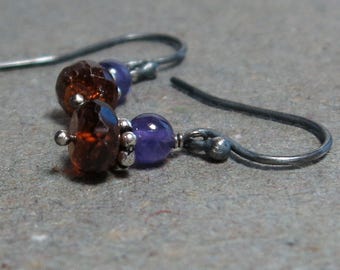 Mandarin Garnet, Amethyst Earrings January, February Birthstone Orange Purple Oxidized Sterling Silver Earrings