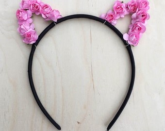 Pink Cat Ears Flower Headband, Rose Cat Ears, Floral Cat Ears
