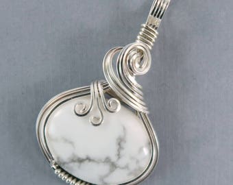 White Howlite Sterling Silver Pendant wire wrapped sculpted white pendant stone