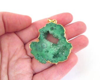 Green Druzy Geode Gemstone Pendant, Gold Plated G11 (I)
