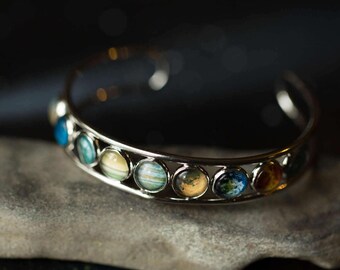Solar System Bangle Cuff Bracelet - Silver Outer Space Jewelry, Galaxy Bracelet by Yugen Tribe - Astronomy, Astrology, Planet Bracelet