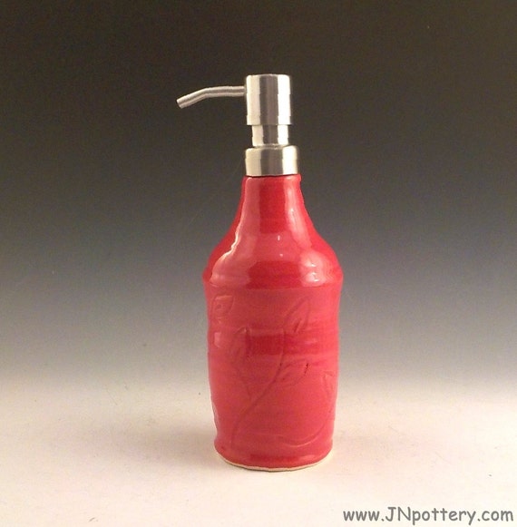 Red Soap Dispenser Ceramic Pump Bottle Handmade Stoneware