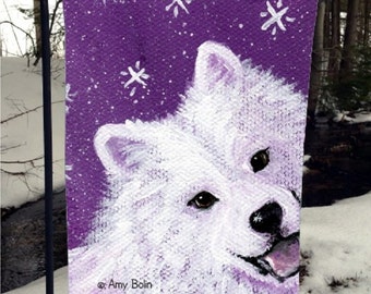 Samoyed "Wish Upon A Snowflake" 12" by 18" GARDEN FLAG by Amy Bolin