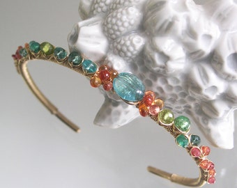 Gemstone 14k Gold Filled Cuff, Turquoise Apatite Bracelet, Orange Sapphire Wire Wrapped Jewelry, Tsavorite, Stackable, Signature Original
